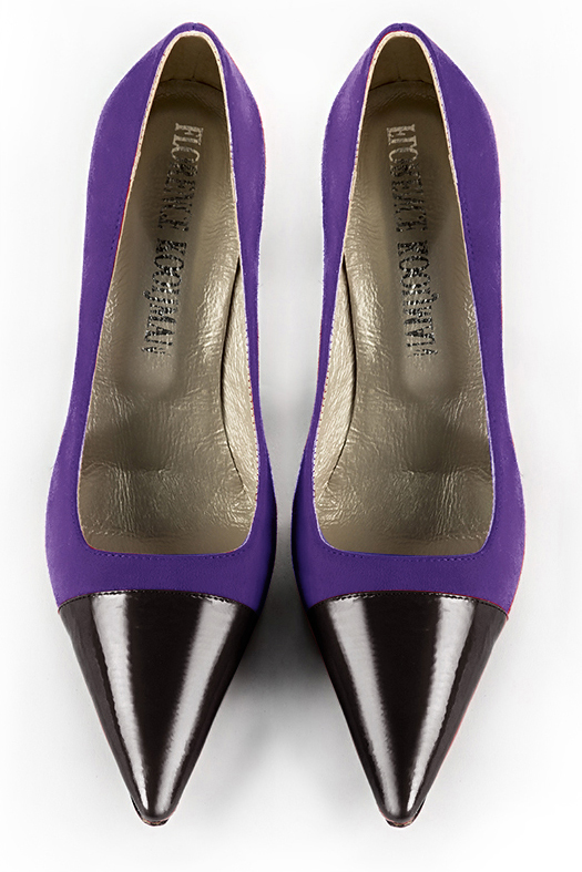 Gloss black and violet purple dress pumps with a square neckline. Pointed toe. High slim heel. Model Gama Toscane BT